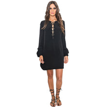 Dress For Women Casual V Neck Lace Up Long Sleeve Dress Sexy Bandage Loose Tops Dress vestidos femininos IMY66