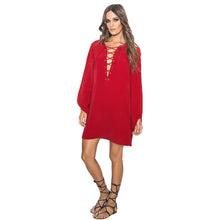 Dress For Women Casual V Neck Lace Up Long Sleeve Dress Sexy Bandage Loose Tops Dress vestidos femininos IMY66