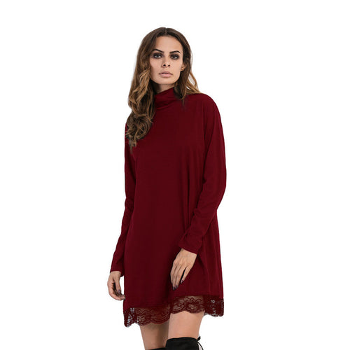 Dress For Women Solid Turtleneck Lace Loose Long Sleeve Sexy Bodycon Party Mini Dress vestidos femininos IMY66