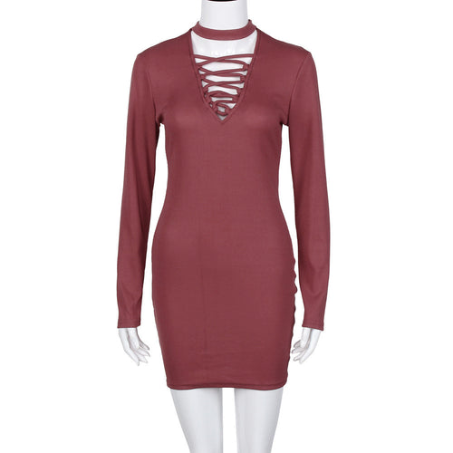 Dress Sexy V Neck Long Sleeve Bandage Mini Dresses Casual Straight Party Dress Dress Vestidos Femininos IMY66