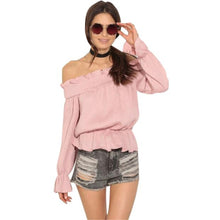 Sexy Women Short Blouses Off The Shoulder Long Sleeve Pink Casual Blouses Shirt Tops Blusas Femininos IMY66