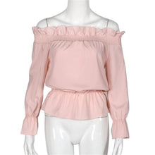 Sexy Women Short Blouses Off The Shoulder Long Sleeve Pink Casual Blouses Shirt Tops Blusas Femininos IMY66