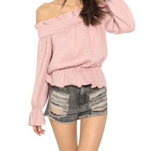 Sexy Women Short Blouses Off The Shoulder Long Sleeve Pink Casual Blouses Shirt Tops Blusas Femininos IMY66