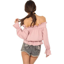 Sexy Women Short Blouses Off The Shoulder Long Sleeve Pink Casual Blouses Shirt Tops Blusas Femininos IMY66