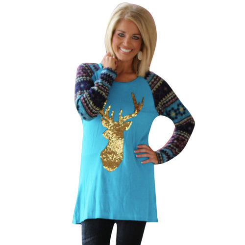 T-Shirts For Women Casual ELK Aztec Print Splice Round Neck Tee shirt femme camisetas y tops IMY66