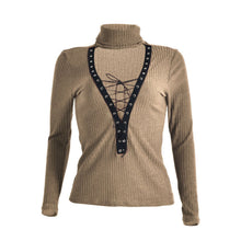 Women Lace Up Knitted Sweater Sexy Turtleneck Open Chest Casual Bandage Tops Pullovers pull femme IMY66