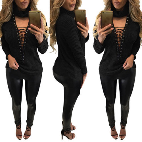 Women Lace Up Knitted Sweater Sexy Turtleneck Open Chest Casual Bandage Tops Pullovers pull femme IMY66
