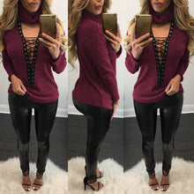 Women Lace Up Knitted Sweater Sexy Turtleneck Open Chest Casual Bandage Tops Pullovers pull femme IMY66