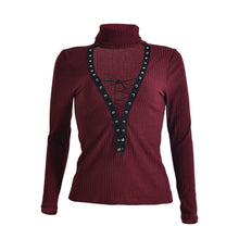 Women Lace Up Knitted Sweater Sexy Turtleneck Open Chest Casual Bandage Tops Pullovers pull femme IMY66