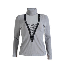 Women Lace Up Knitted Sweater Sexy Turtleneck Open Chest Casual Bandage Tops Pullovers pull femme IMY66