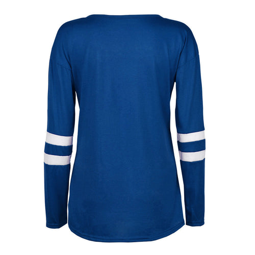 Women Casual Loose Long Sleeve Button Round Neck Splice Pullover Tee Shirts femme camisetas y tops IMY66