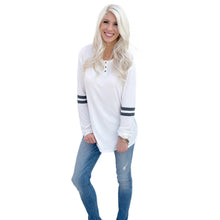 Women Casual Loose Long Sleeve Button Round Neck Splice Pullover Tee Shirts femme camisetas y tops IMY66