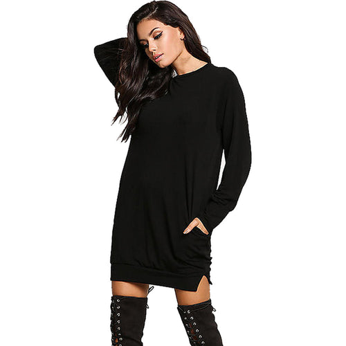 Women Casual Sweater Dress Solid Long Sleeve O Neck Loose Evening Party Mini Dress vestidos femininos IMY66