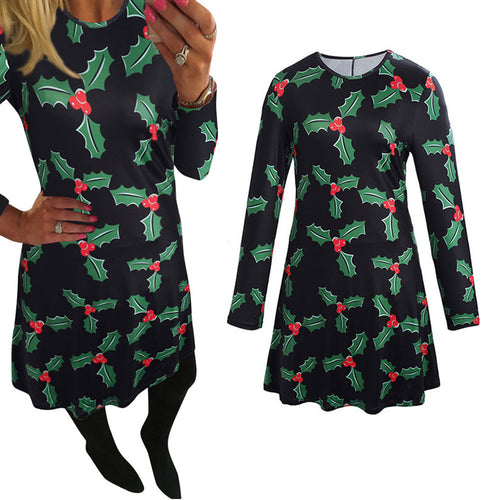Women Dress Lady Print Swing Dress Long Sleeve Flared Party Mini Dresses vestidos de festa IMY66