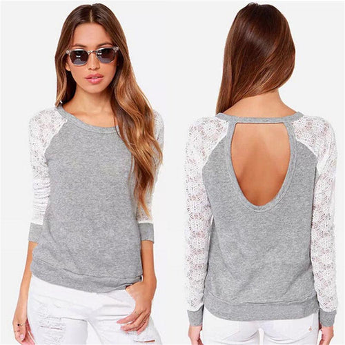 Women Clothing Sexy Backless Long Sleeve Embroidery Lace Crochet Tee Shirt femme Tops Camisetas Feminina IMY66