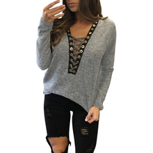 Women Lace Up Knitted T-Shirts Sexy V Neck Bandage Bat Sleeve Jumper Pullovers camisetas mujer Tops IMY66