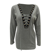 Women Lace Up Knitted T-Shirts Sexy V Neck Bandage Bat Sleeve Jumper Pullovers camisetas mujer Tops IMY66