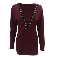 Women Lace Up Knitted T-Shirts Sexy V Neck Bandage Bat Sleeve Jumper Pullovers camisetas mujer Tops IMY66