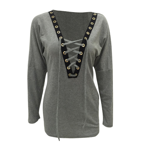 Women Lace Up Knitted T-Shirts Sexy V Neck Bandage Bat Sleeve Jumper Pullovers camisetas mujer Tops IMY66