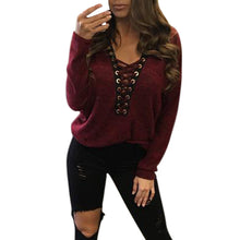 Women Lace Up Knitted T-Shirts Sexy V Neck Bandage Bat Sleeve Jumper Pullovers camisetas mujer Tops IMY66