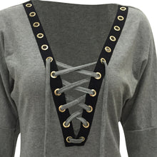 Women Lace Up Knitted T-Shirts Sexy V Neck Bandage Bat Sleeve Jumper Pullovers camisetas mujer Tops IMY66