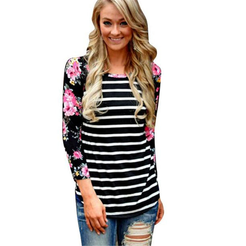 Women Long Sleeve T-Shirt Casual O Neck Floral Print Striped Splice Top Tee Shirts femme camisetas y tops IMY66