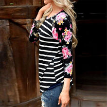 Women Long Sleeve T-Shirt Casual O Neck Floral Print Striped Splice Top Tee Shirts femme camisetas y tops IMY66