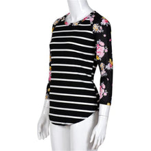 Women Long Sleeve T-Shirt Casual O Neck Floral Print Striped Splice Top Tee Shirts femme camisetas y tops IMY66