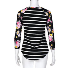 Women Long Sleeve T-Shirt Casual O Neck Floral Print Striped Splice Top Tee Shirts femme camisetas y tops IMY66