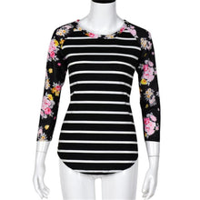 Women Long Sleeve T-Shirt Casual O Neck Floral Print Striped Splice Top Tee Shirts femme camisetas y tops IMY66