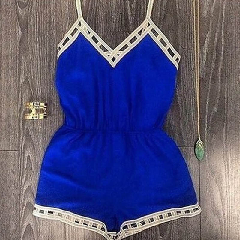 Blue Color Women Sexy Clubwear V Neck Patchwork Playsuit Bodycon Party Jumpsuit&Romper IMY66