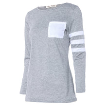 Women Casual Long Sleeve O Neck Splice Pocket Tops T-Shirt Pullover blusas feminina Plus Size 3XL IMY66