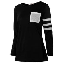 Women Casual Long Sleeve O Neck Splice Pocket Tops T-Shirt Pullover blusas feminina Plus Size 3XL IMY66