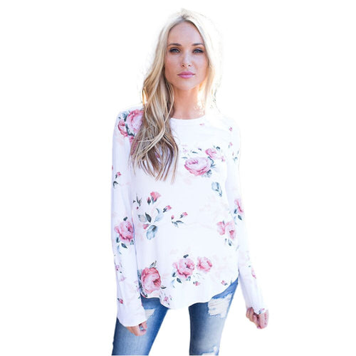 Casual T-Shirts For Womens Flowers Printing Long Sleeve Round Neck Tee Shirt femme camisetas y tops IMY66