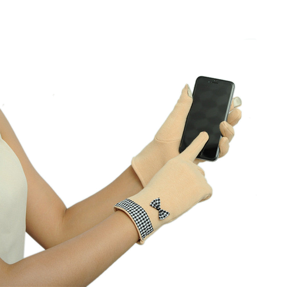 Colorful Womens Plaid Stitching Cute Bow Soft Screen Touch Warm Wrist Gloves Mittens IMY66