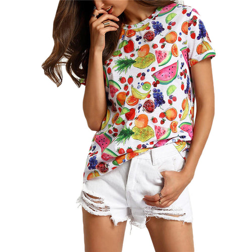 Crew Neck Fruit Print Tee Shirt Women Casual Clothing Tops Multicolor Short Sleeve T-shirt blusa IMY66