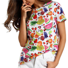 Crew Neck Fruit Print Tee Shirt Women Casual Clothing Tops Multicolor Short Sleeve T-shirt blusa IMY66