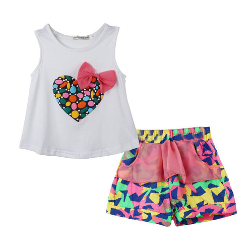 Korean Girl Children Clothing Colorful Heart Shaped Bow Vest Blouse Tank+Flower Short 2 Pieces Set IMY66