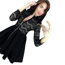 Lace Dress For Women Lady Sexy Hollow Three Quarter Sleeve V-neck Party Mini Dress vestidos de festa Black IMY66