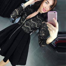 Lace Dress For Women Lady Sexy Hollow Three Quarter Sleeve V-neck Party Mini Dress vestidos de festa Black IMY66