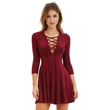 Lace Up Dress Women Sexy V Neck Three Quarter Sleeve Dress Evening Party Mini Dress vestidos de festa IMY66