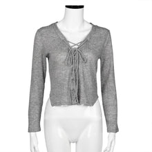 Lace Up Knitted Sweaters Women Bandage V Neck Long Sleeve Short Knittwear Tops Shirt Blouse Pullovers pull femme IMY66