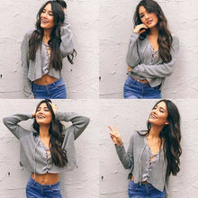 Lace Up Knitted Sweaters Women Bandage V Neck Long Sleeve Short Knittwear Tops Shirt Blouse Pullovers pull femme IMY66