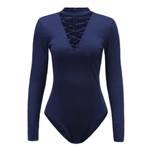 Lace Up Style Women Sexy Bodysuit Bandage Halter Deep V-neck Long-sleeved Jumpsuit Tee Shirt macacao feminino IMY66