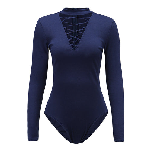 Lace Up Style Women Sexy Bodysuit Bandage Halter Deep V-neck Long-sleeved Jumpsuit Tee Shirt macacao feminino IMY66