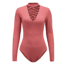 Lace Up Style Women Sexy Bodysuit Bandage Halter Deep V-neck Long-sleeved Jumpsuit Tee Shirt macacao feminino IMY66