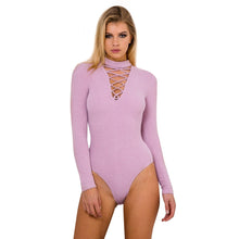 Lace Up Style Women Sexy Bodysuit Bandage Halter Deep V-neck Long-sleeved Jumpsuit Tee Shirt macacao feminino IMY66