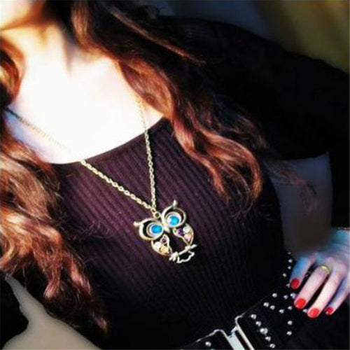 Lady Crystal Big Blue Eyed Owl Long Chain Pendant Sweater Coat Necklace IMY66