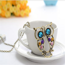Lady Crystal Big Blue Eyed Owl Long Chain Pendant Sweater Coat Necklace IMY66