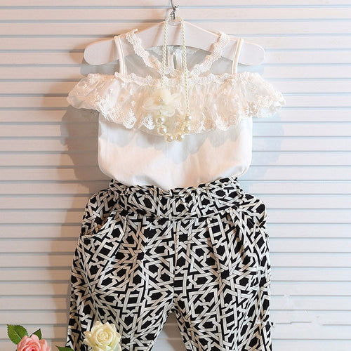 Lovely Kids Girls Clothes Off Shoulder Strapless Sling Lace Shirt Tops+Plaid Pants Clothing 2 Piece Set IMY66